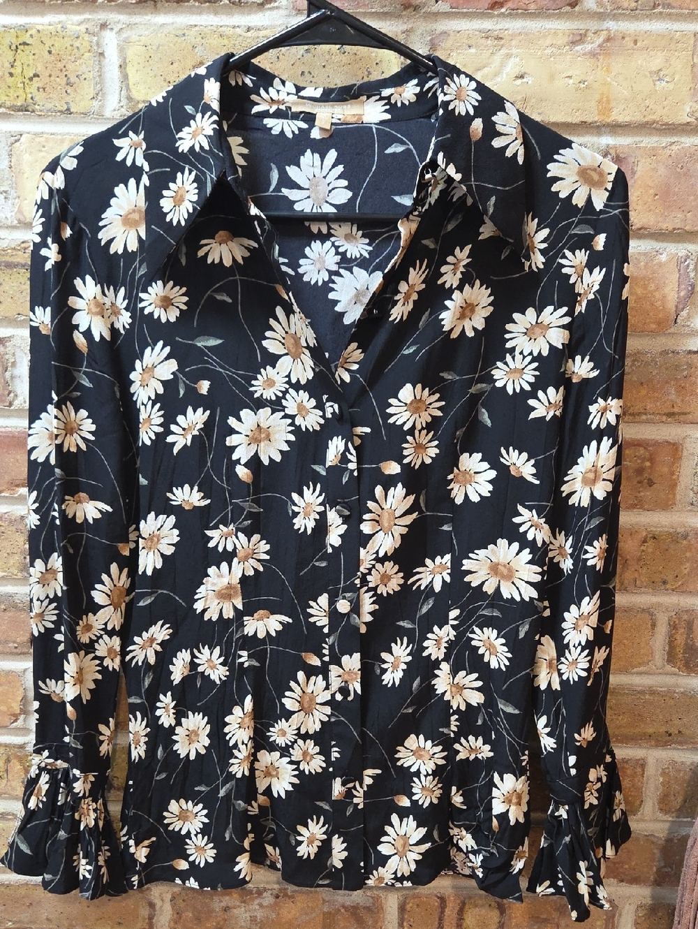 Michael Kors Black Button-Down Top with Cream Daisy Print